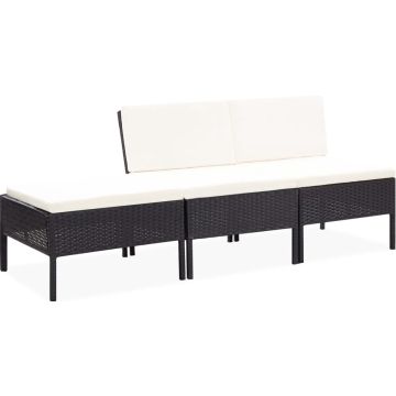 vidaXL 3-delige Loungeset met kussens poly rattan zwart