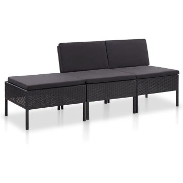 vidaXL 3-delige Loungeset met kussens poly rattan zwart