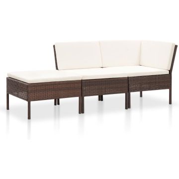 vidaXL 3-delige Loungeset met kussens poly rattan bruin