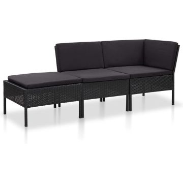 vidaXL 3-delige Loungeset met kussens poly rattan zwart