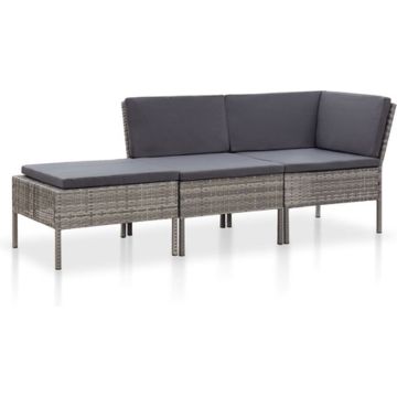 vidaXL 3-delige Loungeset met kussens poly rattan grijs