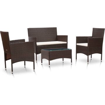 vidaXL 4-delige Loungeset met kussens poly rattan bruin