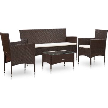 vidaXL 4-delige Loungeset met kussens poly rattan bruin