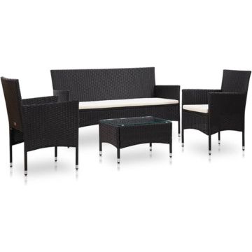 vidaXL 4-delige Loungeset met kussens poly rattan zwart