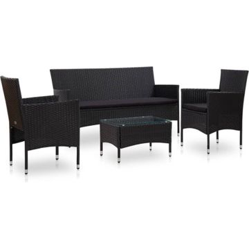 vidaXL 4-delige Loungeset met kussens poly rattan zwart