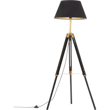 Vloerlamp driepoot 141 cm massief teakhout zwart en goudkleurig