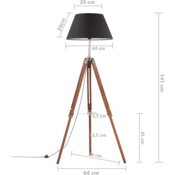 Vloerlamp driepoot 141 cm massief teakhout honingbruin en zwart