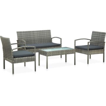 vidaXL 4-delige Loungeset met kussens poly rattan grijs