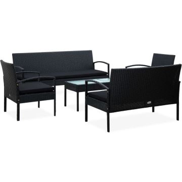 vidaXL 5-delige Loungeset met kussens poly rattan zwart