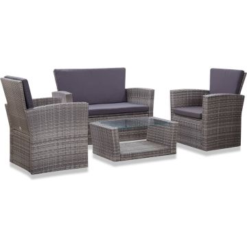 vidaXL 4-delige Loungeset met kussens poly rattan grijs