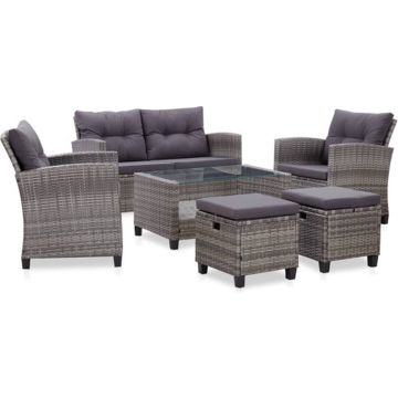 vidaXL 6-delige Loungeset met kussens poly rattan donkergrijs