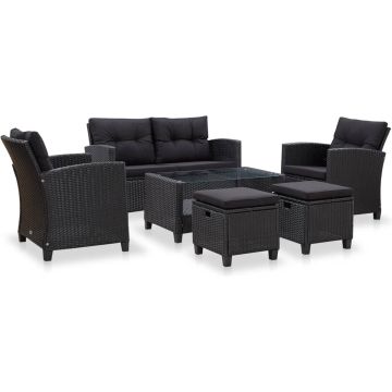 vidaXL 6-delige Loungeset met kussens poly rattan zwart