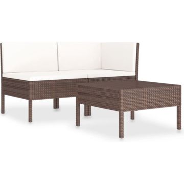 vidaXL 3-delige Loungeset met kussens poly rattan bruin