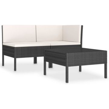 vidaXL 3-delige Loungeset met kussens poly rattan zwart