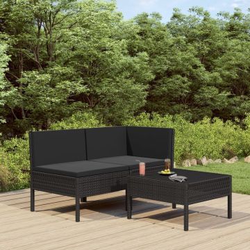 vidaXL 3-delige Loungeset met kussens poly rattan zwart