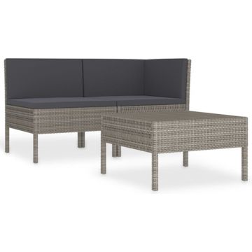 vidaXL 3-delige Loungeset met kussens poly rattan grijs