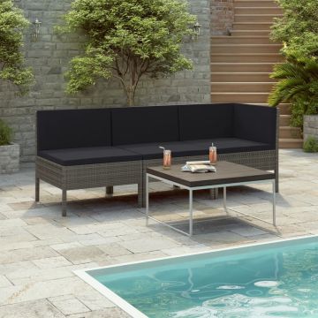 vidaXL 3-delige Loungeset met kussens poly rattan grijs