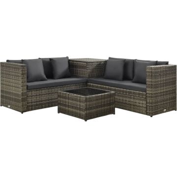 vidaXL 4-delige Loungeset met kussens poly rattan grijs