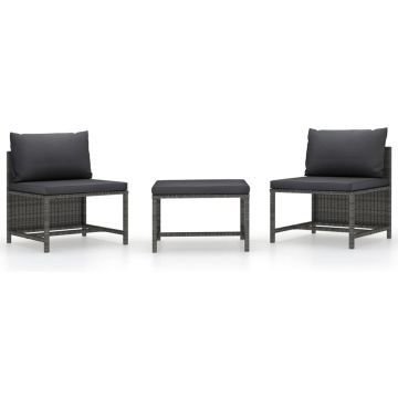 vidaXL 3-delige Loungeset met kussens poly rattan grijs