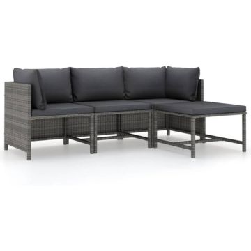 vidaXL 4-delige Loungeset met kussens poly rattan grijs