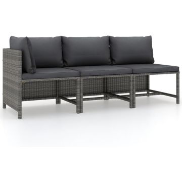 vidaXL 3-delige Loungeset met kussens poly rattan grijs