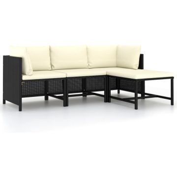 vidaXL 4-delige Loungeset met kussens poly rattan zwart