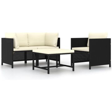 vidaXL 4-delige Loungeset met kussens poly rattan zwart