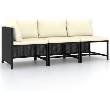 vidaXL 3-delige Loungeset met kussens poly rattan zwart