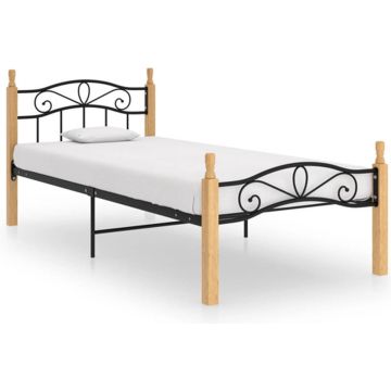 vidaXL Bedframe metaal en massief eikenhout zwart 90x200 cm