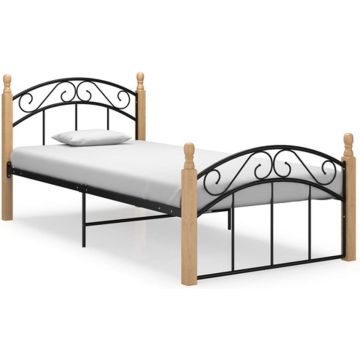 vidaXL Bedframe metaal en massief eikenhout zwart 90x200 cm