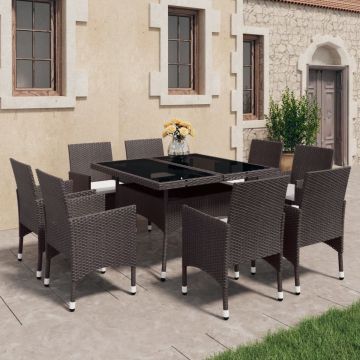 vidaXL 9-delige Tuinset poly rattan en glas bruin