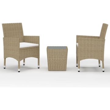 vidaXL 3-delige Bistroset poly rattan en gehard glas beige