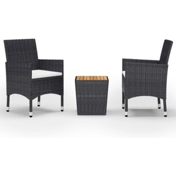 vidaXL 3-delige Bistroset poly rattan en acaciahout zwart