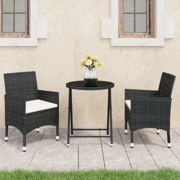 vidaXL 3-delige Bistroset poly rattan en gehard glas zwart