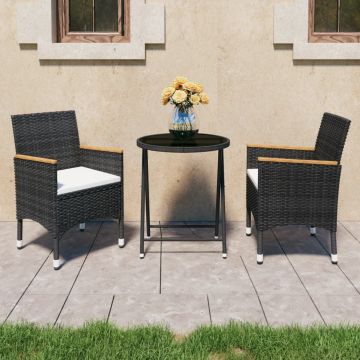 vidaXL 3-delige Bistroset poly rattan en gehard glas zwart