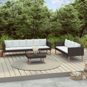 vidaXL 3-delige Loungeset met kussens poly rattan zwart