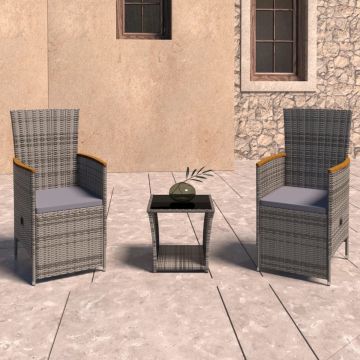 vidaXL 3-delige Loungeset met kussens poly rattan grijs