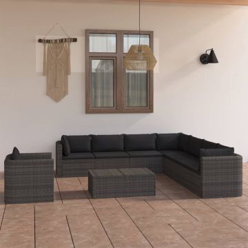 vidaXL 9-delige Loungeset met kussens poly rattan grijs