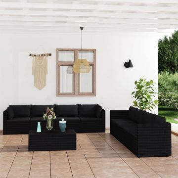 vidaXL 9-delige Loungeset met kussens poly rattan zwart