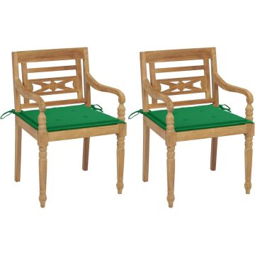 vidaXL Stoelen Batavia 2 st met groene kussens massief teakhout