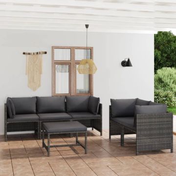 vidaXL 6-delige Loungeset met kussens poly rattan grijs