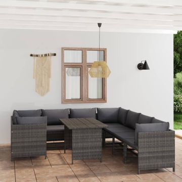 vidaXL 9-delige Loungeset met kussens poly rattan grijs