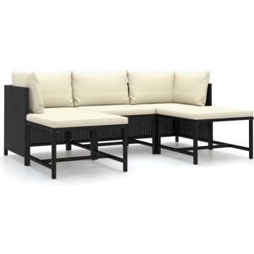 vidaXL 5-delige Loungeset met kussens poly rattan zwart