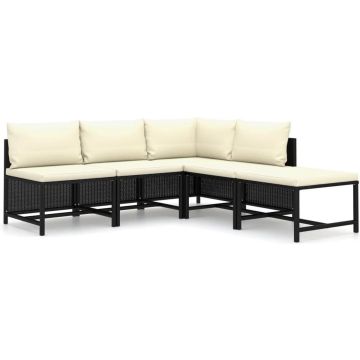 vidaXL 5-delige Loungeset met kussens poly rattan zwart