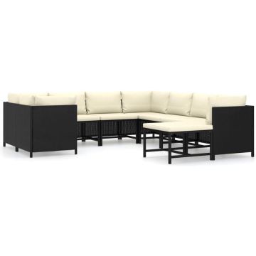 vidaXL 9-delige Loungeset met kussens poly rattan zwart