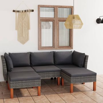 vidaXL 5-delige Loungeset met kussens poly rattan grijs