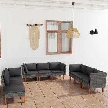 vidaXL 9-delige Loungeset met kussens poly rattan grijs