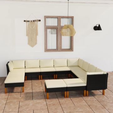 vidaXL 12-delige Loungeset met kussens poly rattan zwart