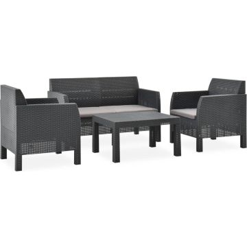 vidaXL 4-delige Loungeset met kussens PP rattan antracietkleurig