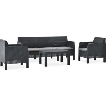 vidaXL 4-delige Loungeset met kussens PP rattan antracietkleurig